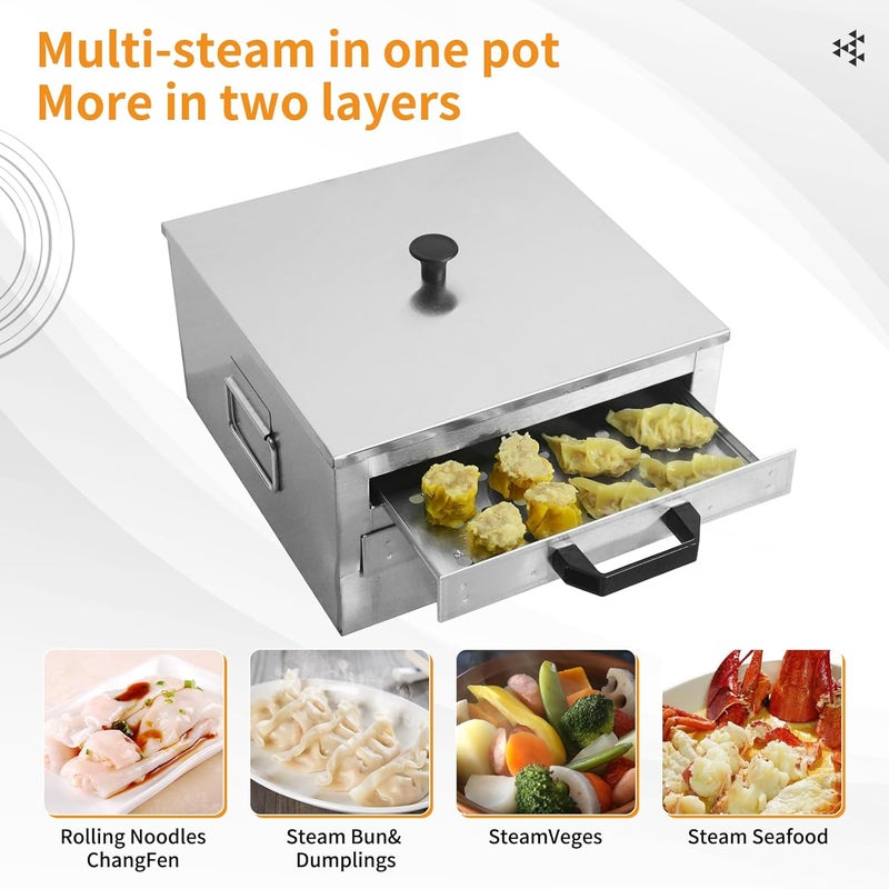 LetFeng ᅟᅠ Rice Roll Steamer with 304 Food Grade Vermicelli Roll Steamer Top Open Stainless Steel Square Tier 2-Layer Rice Noodle Roll Steamer for Rice Noodles Compatible with Stove and Induction Cooktop - Image 2